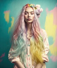 A Beautiful Young Girl Surrounded By Fresh Flowers On Her Pastel Colored Hair. Spring Concept, Fresh Flowers And Bright Colors. Generative AI.