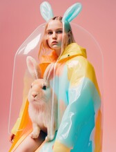 Abstract Futuristic Easter Concept, Fashion Modern Raincoat With Bunny Ears On Young Beautiful Girl. Trendy Colors, Eccentric Style. Generative AI.