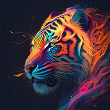Tiger In Neon Colors. Generative AI.