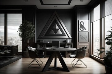 Wall Mural - A black wooden table, a chair, a large window, and a white triangular decorative element sit in the center of the CEO's office. acting out a faux. Generative AI