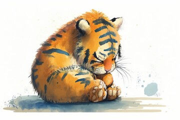 Poster - paint by numbers. a digital drawing of a cuddly cartoon tiger dozing off, isolated on a white backgr