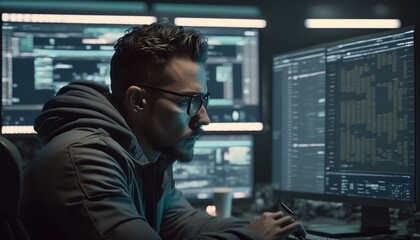 An image of a cybersecurity expert analyzing code on a computer screen, highlighting how technology is used to protect and secure sensitive information