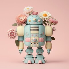 A Spring small retro vintage robot that has fresh flower on a pastel background. A futuristic way to show love during the holidays. Generative AI.