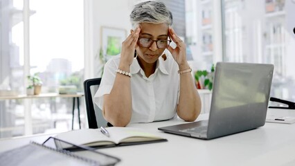 Poster - Stress, headache and business woman at office desk with anxiety, mental health and problem. Frustrated, burnout and tired female working at table with fatigue, debt risk and depression of job failure