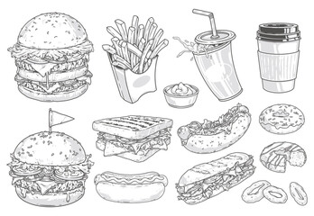 Wall Mural - Fast food set monochrome labels