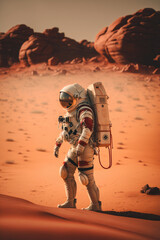 Wall Mural - Astronaut stepping in planet Mars made with Generative AI.
