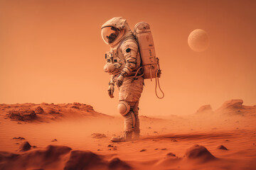 Wall Mural - Astronaut in a journey to planet Mars made with Generative AI.