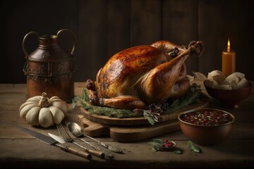 Poster - A Festive Thanksgiving Day Roasted Homemade Tradition Ideas Concept Feast of Turkey and Fixin's on a Wooden Table. Generative AI