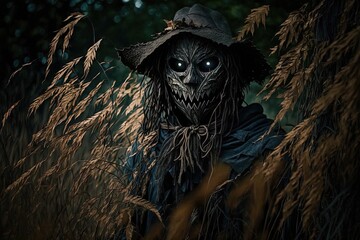 Wall Mural - the masked scarecrow lurking in the shadowy glade generative ai
