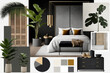Modern interior design bedroom colors and materials idea moodboard.