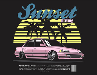 Wall Mural - retro vibes tee design with 90s car vector illustration and sun along with coconut tree back graphic