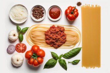 Poster - over a white background are the components of spaghetti bolognese ground beef, italian pasta, onions