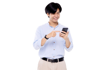Attractive young smart Asian man using mobile smart phone isolated on transparent background. PNG file format.