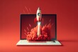 Laptop and rocket illustration, red background. Generative AI