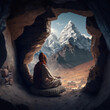 A himalayan yogi meditating in a cave with a majestic view of a mountain
