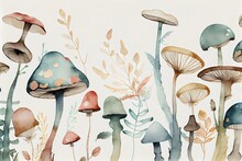 Watercolor Mushrooms, Autumn Mushroom Painting, Wild Mushrooms Abstract Generative AI Illustration