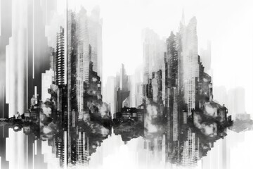 Poster - Double exposure of opulent, contemporary skyscrapers and the city, monochromatic. Generative AI