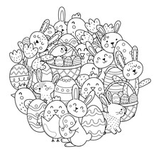 Cute Easter Bunnies And Chicks Circle Shape Coloring Page. Doodle Mandala With Easter Characters For Coloring Book. Outline Background. Vector Illustration
