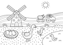 On The Farm Black And White Poster With A Cute Goose And Her Baby Goslings. Windmill, Tractor, A Pond On A Green Meadow For Coloring Book. Vector Illustration
