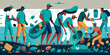 Illustration of a beach cleanup effort, with volunteers picking up trash and debris from the shoreline. Generative AI.