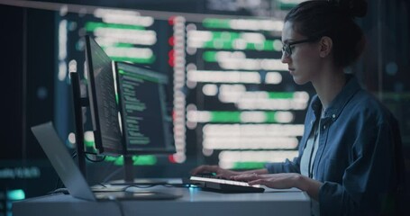 Leinwandbilder - Medium Shot of a Woman Working as a Developer, Surrounded by Big Screens Displaying Lines of Code in a Monitoring Room. Female Programmer Using Desktop Computer, Analysing Data, Creating AI Software
