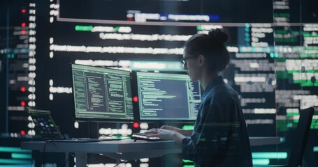 Fototapete - Female Developer Thinking and Typing on Computer, Surrounded by Big Screens Showing Coding Language. Professional Programmer Working in a Modern Office, Running Coding Tests. Futuristic Programming