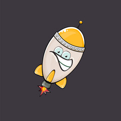 Wall Mural - Rocket spaceship character. Cartoon space rocket isolated on space background. Funky spaceship and shuttle character with eyes and mouth. Vector retro space ship clip art, emoji, label and sticker