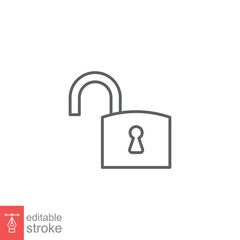 Poster - Unlocked lock icon. Simple outline style. Padlock with keyhole, open key, security concept. Thin line vector illustration design on white background. Editable stroke EPS 10.