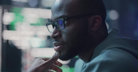 Fototapete - Zoom In, Close Up Portrait of Black Man Working on Computer, Lines of Code Language Reflecting on his Glasses. Male Programmer Developing New Software, Coding, Managing Cybersecurity Project