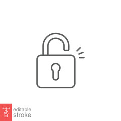 Poster - Unlocked lock icon. Simple outline style. Padlock with keyhole, open key, security concept. Thin line vector illustration design on white background. Editable stroke EPS 10.