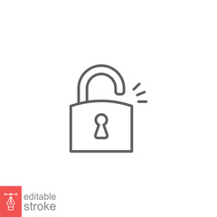 Poster - Unlocked lock icon. Simple outline style. Padlock with keyhole, open key, security concept. Thin line vector illustration design on white background. Editable stroke EPS 10.