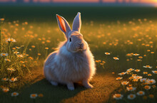 Cute Rabbit On Green Lawn With Daisies At Sunset. Bunny On Walk On Green Grass With Wild Flowers, Chamomiles. Generative AI.