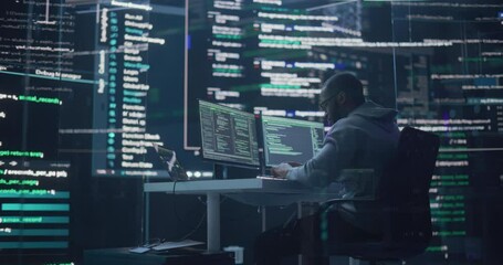 Leinwandbilder - Black Male Developer Thinking and Typing on Computer, Surrounded by Big Screens Showing Coding Language. Professional Programmer Creating Software, Running Coding Tests. Futuristic Programming Concept