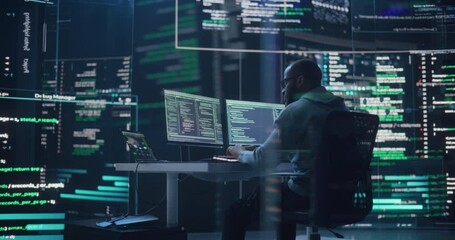 Leinwandbilder - Medium Shot of a Man Working as a Developer, Surrounded by Big Screens Displaying Lines of Code in a Monitoring Room. Black Male Programmer Using Desktop Computer, Analysing Data, Creating AI Software