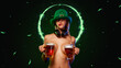canvas print picture - Saint Patrick Day. Young sexy Oktoberfest girl waitress in green hat serving big beer mugs with beer isolated on dark background. St Patricks day celebration.