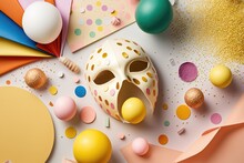 Beautiful, Bright Decorations For A Carnival Fair As Seen From Above, In A Tabletop Aerial Photograph. Flat Lay Props Including A Mask, Confetti, A Pink Balloon, And Contemporary Yellow Paper. White S