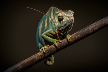 Sticker - Hidden chameleon, balancing on a bamboo stick, in front of a dark background. The chameleon is a stand alone image on a dark background. Generative AI