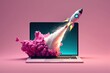 © Deivison - Digital illustration of laptop and rocket, pink background. Generative AI
