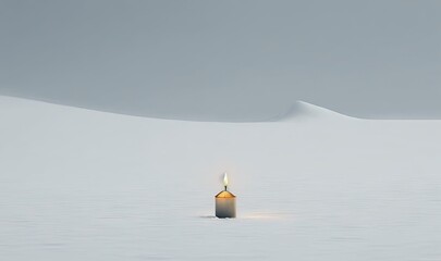  a candle in the middle of a snowy field with a mountain in the background.  generative ai