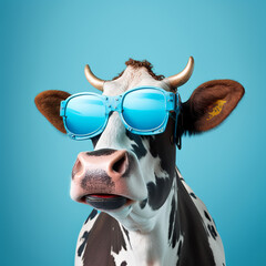 Funny cow with sunglasses in front of blue studio background, generative AI	