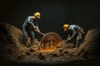 Bitcoin Miner figures digging the ground to find shiny golden coins. Cryptocurrency mining