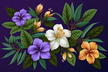 Poster - Ruellia tuberosa and plumeria on a purple background; a floral seamless pattern. Generative AI