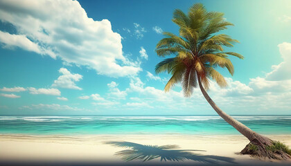 Realistic beautiful palm tree on tropical island beach background, Generative AI