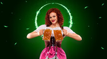 St Patrick Day. Picture For Advertising A Beer Party In A Bar, Night Club, Cafe Or Restaurant. Sexy Oktoberfest Woman With Beer On Green Background With Copy Space.