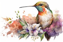 Illustration Of A Sweet Hummingbird With Flowers In Watercolor. Generative AI