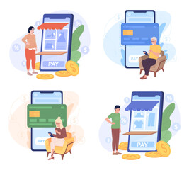 Poster - Using smartphone for business, finance flat concept vector spot illustration set. Editable 2D cartoon characters on white for web design. E commerce creative ideas pack for website, mobile, magazine