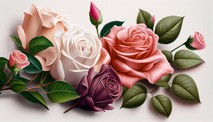 Composition of realistic roses on white background, Generative AI