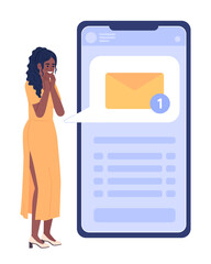 Poster - Happy woman receiving new text message on mobile phone flat concept vector spot illustration. Editable 2D cartoon character on white for web design. Creative idea for website, mobile, magazine