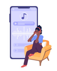 Poster - young woman listening to podcast for self esteem flat concept vector spot illustration. editable 2d 
