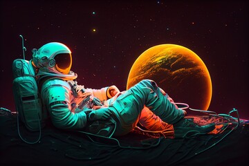 Wall Mural - astronaut resting on the neon planet. Generative AI